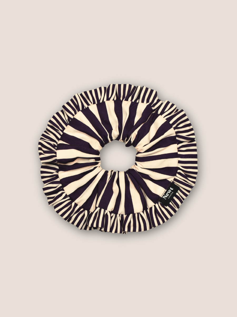 Aubergine and Cream Stripe Swirl Scrunchie made from recycled plastic