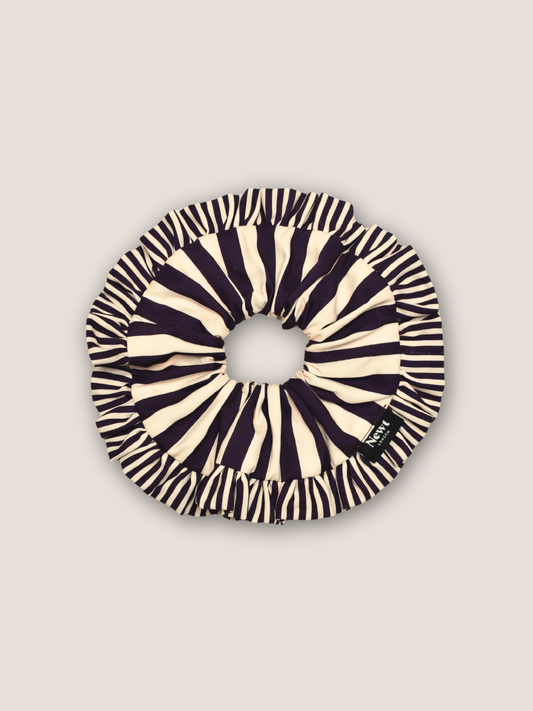 Aubergine and Cream Stripe Swirl Scrunchie made from recycled plastic