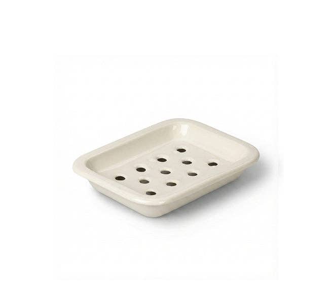 Stone White enamel soap dish with a bar of natural soap