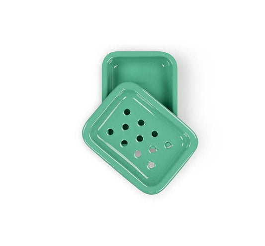 Two-piece turquoise enamel soap holder showing top and base