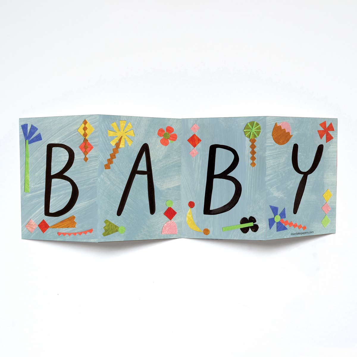 Mortlake Papers Baby Concertina Greeting Card, colourful hand-painted artwork, Indian ink lettering