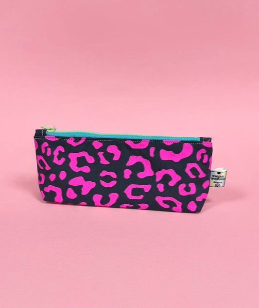 Handprinted waxed canvas pencil case in olive green