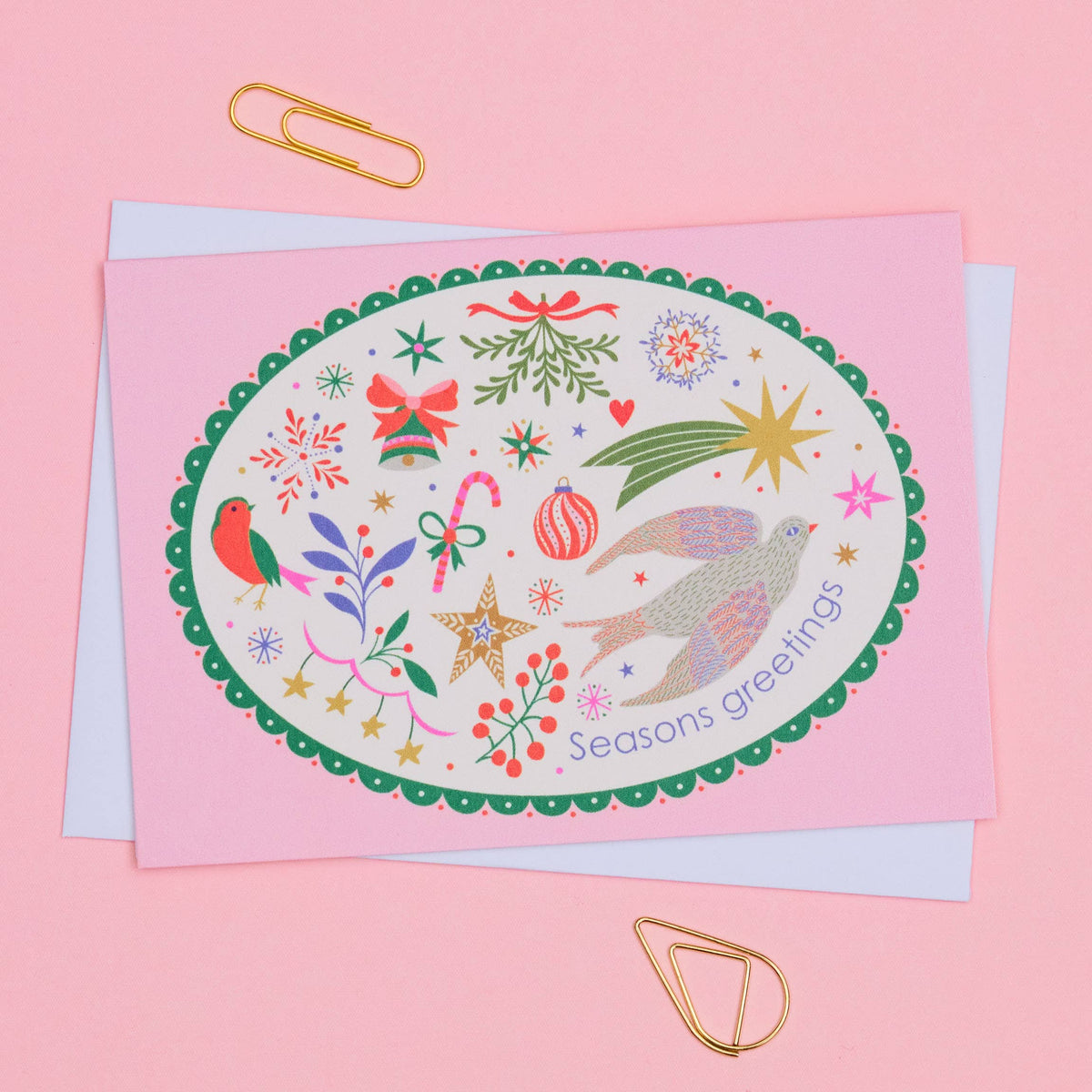 Handwritten festive greeting card with scalloped border