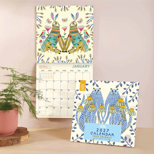 2027 Folk Animals Wall Calendar by Ashley Percival open view