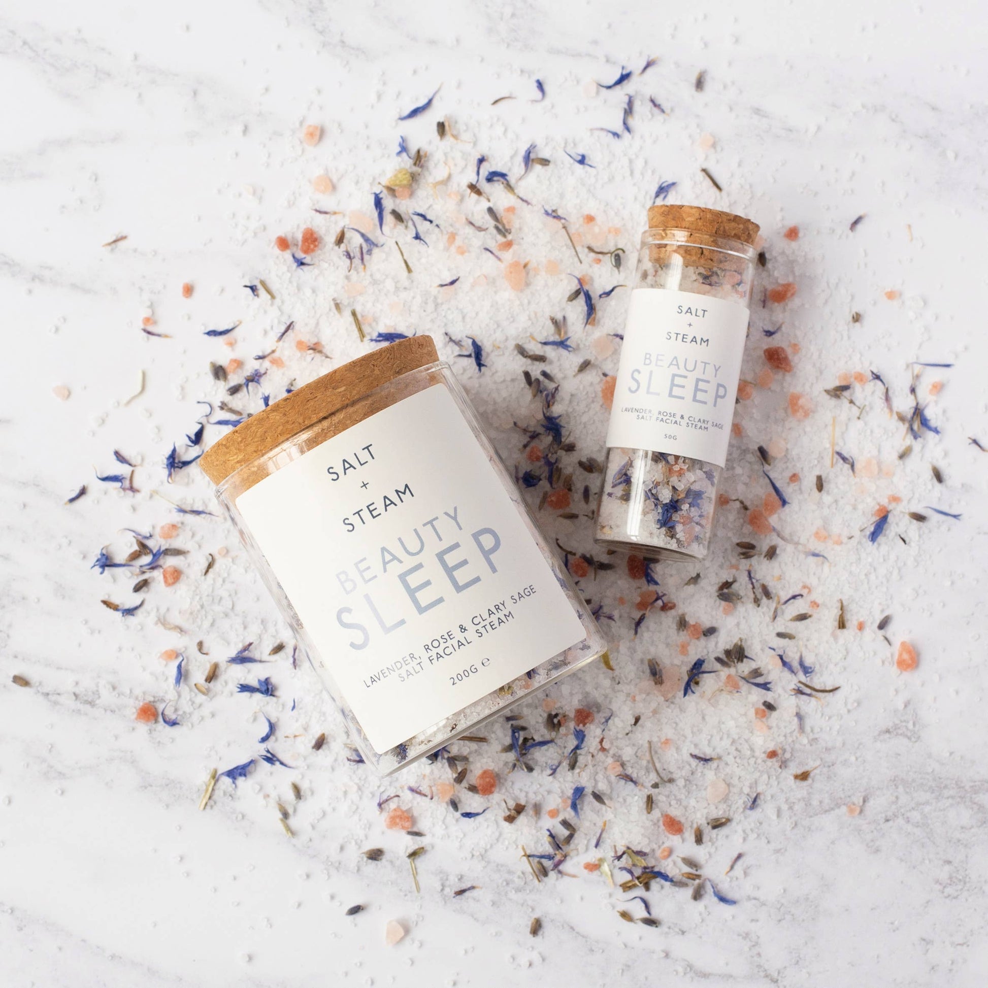 Plant-based floral steam with lavender, rose, clary sage in plastic-free packaging