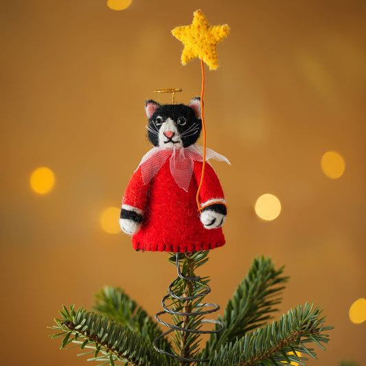 Close-up of wool felt choral cat tree topper in red cassock and halo