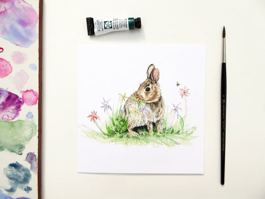 Watercolour bunny rabbit greeting card with flowers