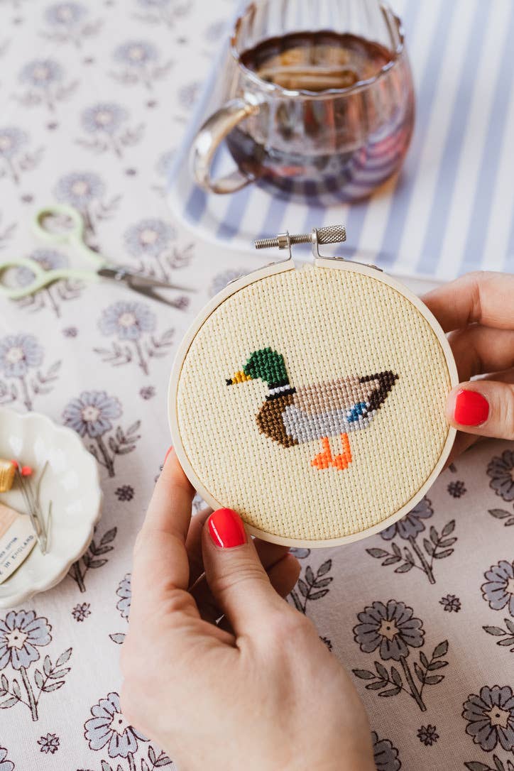 Duck Cross Stitch Kit complete with hoop, fabric & threads