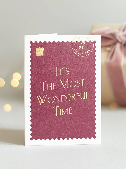 Most Wonderful Mini Vintage Christmas Card, postage stamp design, gold foil, jewel tones, 100% recycled card, A7 size, light grey envelope.