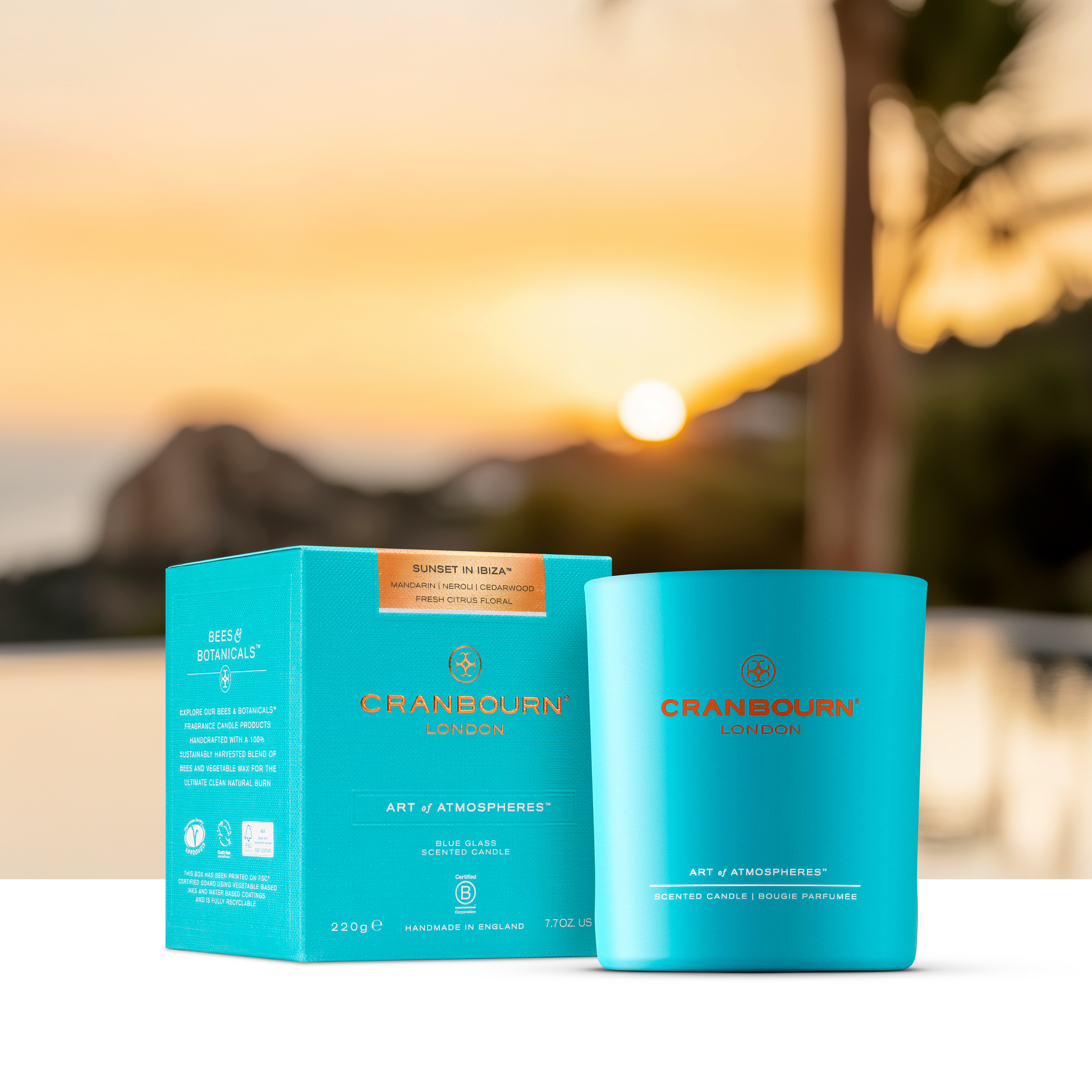 Sunset in Ibiza™ has citrus top notes, including mandarin, blood orange and bergamot with a heart of neroli and jasmine, resting on a base of cedarwood. A hedonistic citrus scent evoking a long summer’s evening and reminiscent of the iconic Balearic island. Scented Candle made with Essential Oils/ Sustainable Natural Vegetable &amp; Bees Wax Blend.

Handmade in the UK. Blue handmade glass vessel.