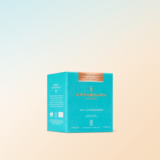 Soirée à Marrakech™ scented candle in hand-finished elegant glass, featuring a woody oriental aroma with bergamot, nutmeg, jasmine, sandalwood, and patchouli; handmade in the UK with sustainable vegetable and bees wax.