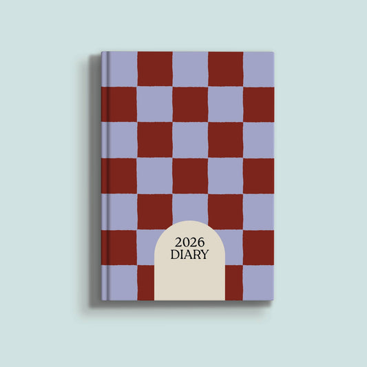 2026 Weekly Planner by Good Tuesday—A5 hardback with berry red & periwinkle blue wavy checkerboard, week-to-view, 100% recycled, UK made.