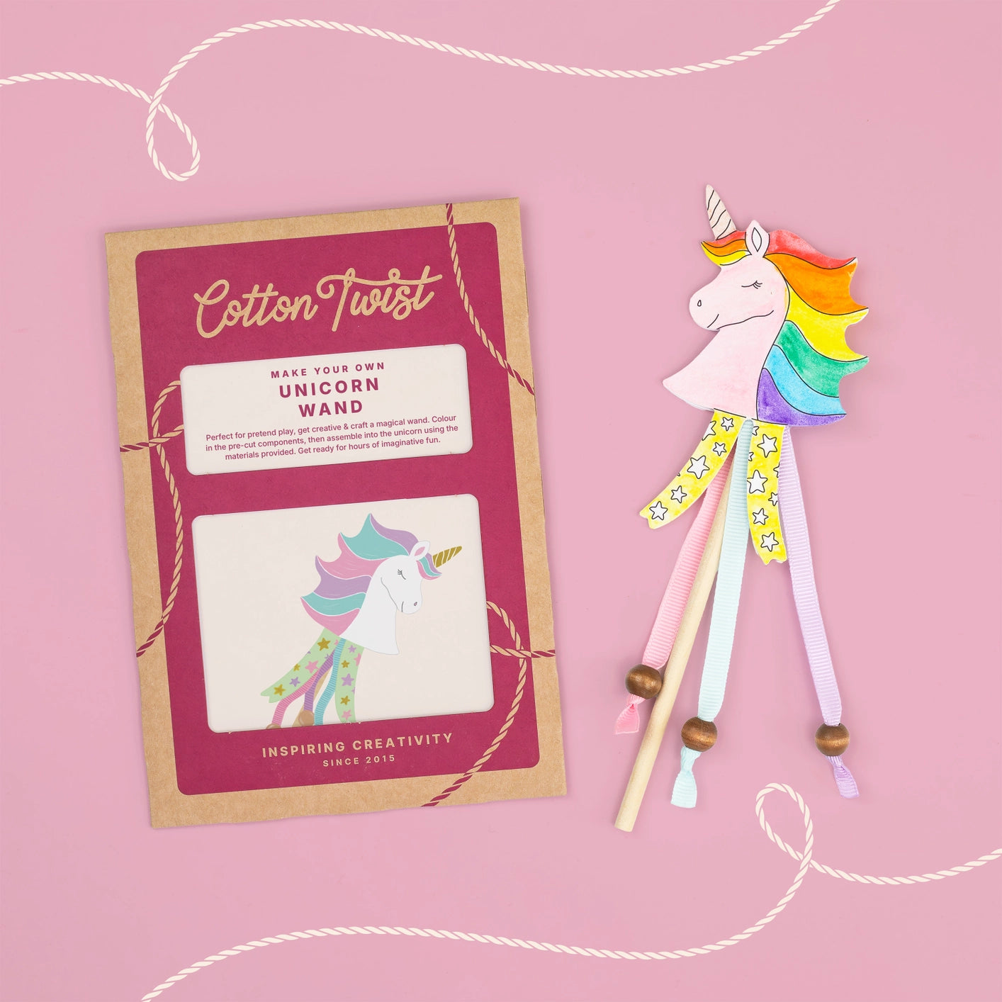 Make Your Own Unicorn Wand eco-friendly craft kit with colour-in unicorn cut outs, wooden stick, ribbons, natural beads
