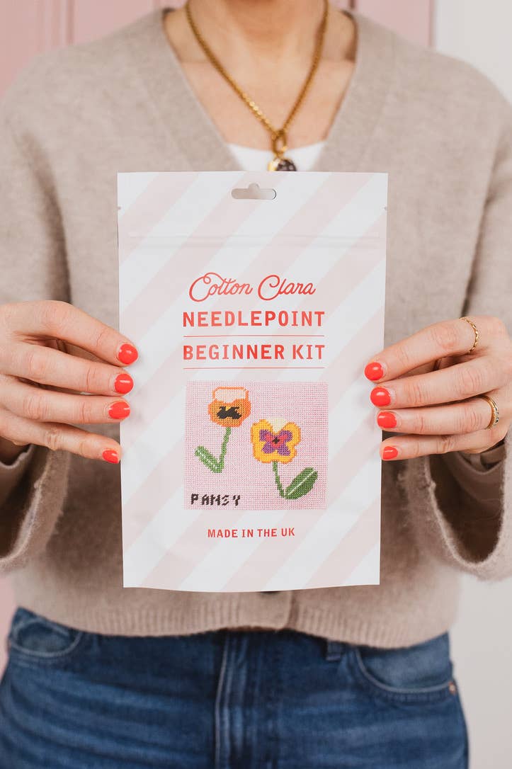 Pansy Needlepoint Kit for beginners by Forget Me Not and Green