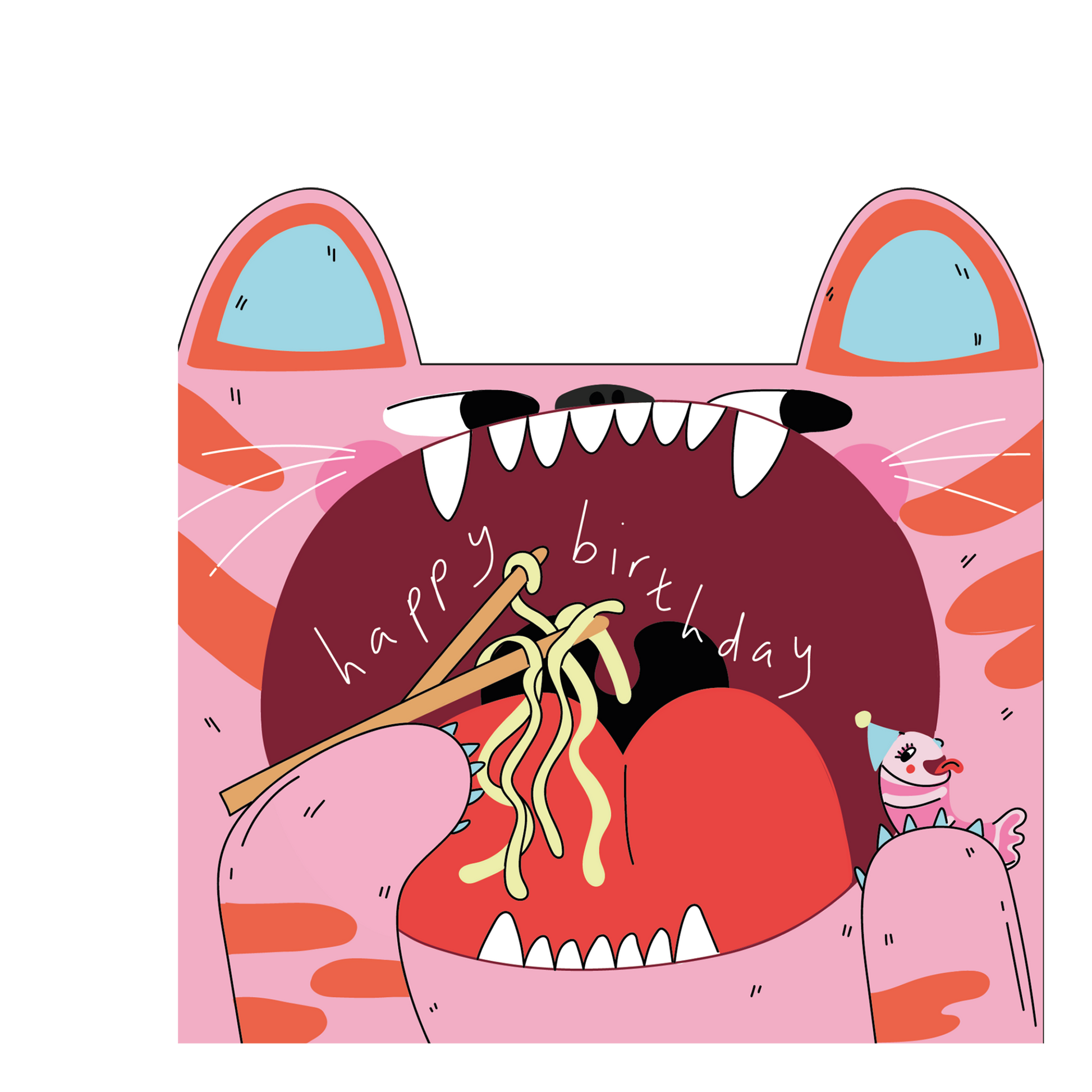 Eat the Moon Tiger Eats Noodles Die Cut Kids Greeting Card front with cheeky tiger design