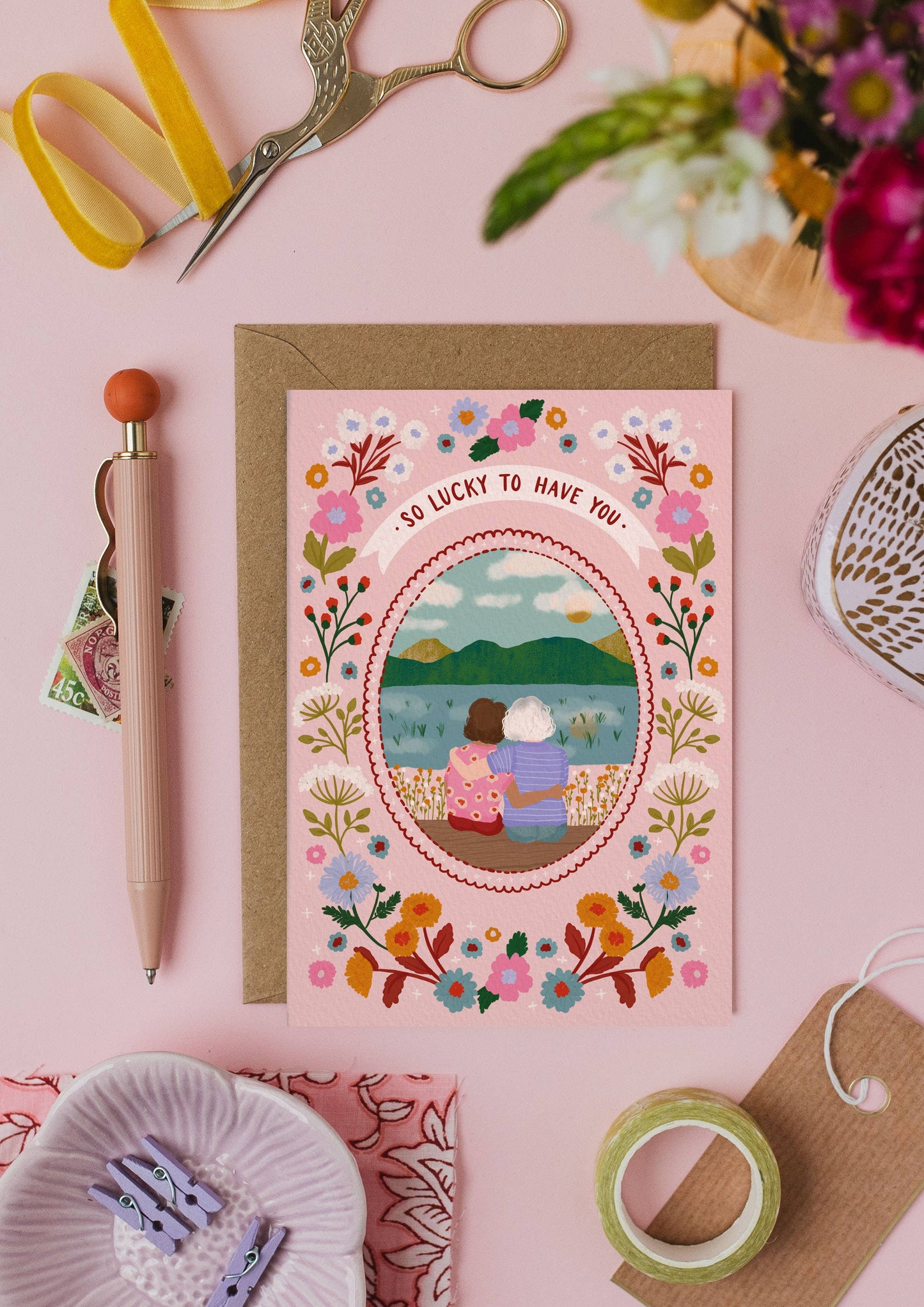 Uplifting eco-friendly greeting card with floral border