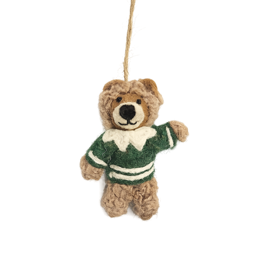 Close-up of fair trade handmade felt Christmas bear hanging ornament