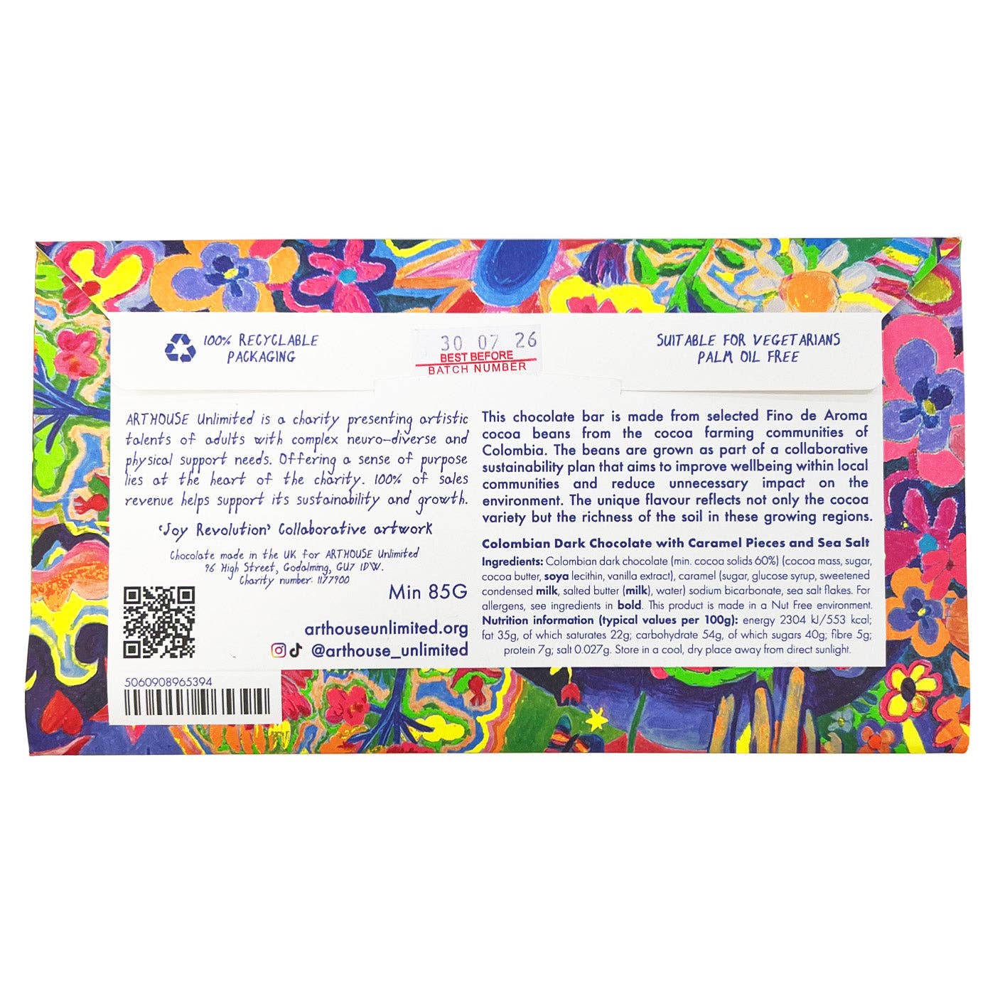 Joy Revolution dark chocolate bar with caramel pieces and sea salt, wrapped in coloured foil with original Arthouse Unlimited artwork in gold frame.