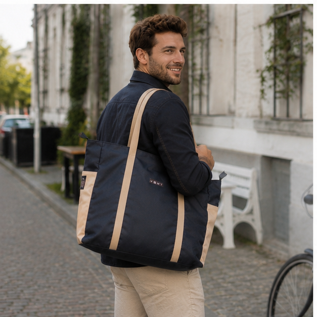 Close-up of secure zip top closure on navy recycled ocean plastic bag