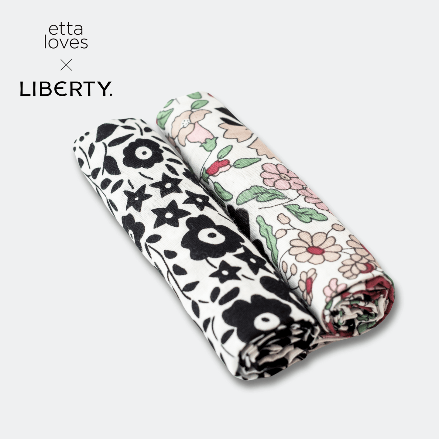 Etta Loves x Liberty Sensory Muslin 2‑Pack featuring Fairford Shadow and Wharfedale Meadow organic cotton muslins laid flat.