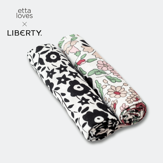 Etta Loves x Liberty Sensory Muslin 2‑Pack featuring Fairford Shadow and Wharfedale Meadow organic cotton muslins laid flat.