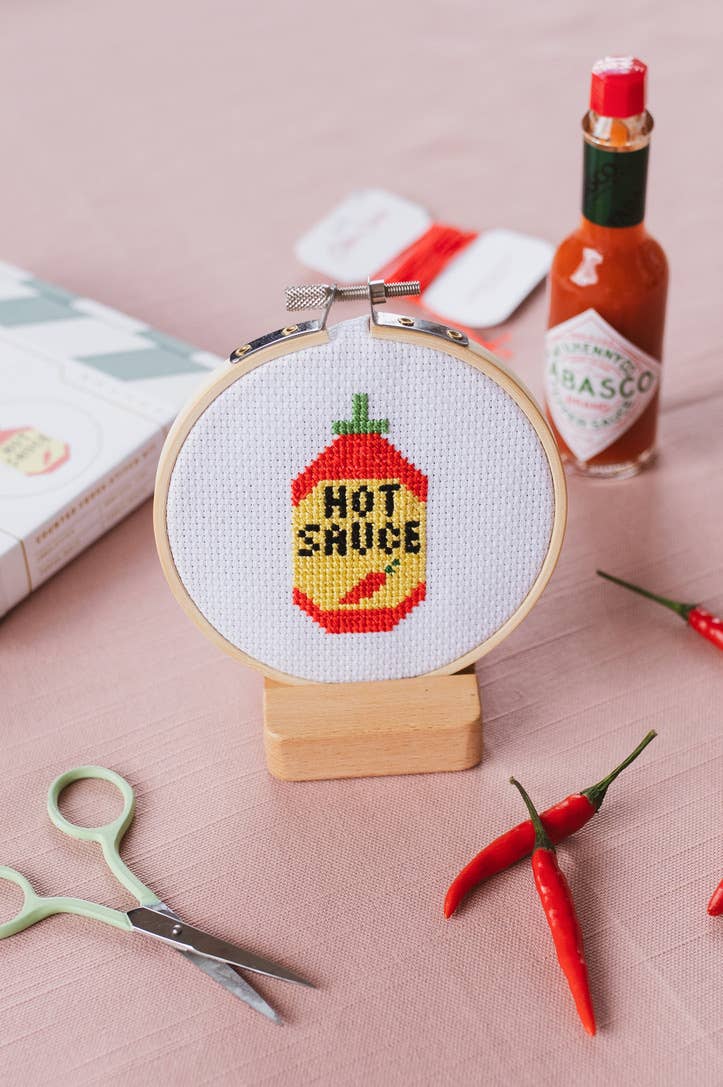 Hot Sauce Mini Cross Stitch Kit in 4 inch bamboo hoop