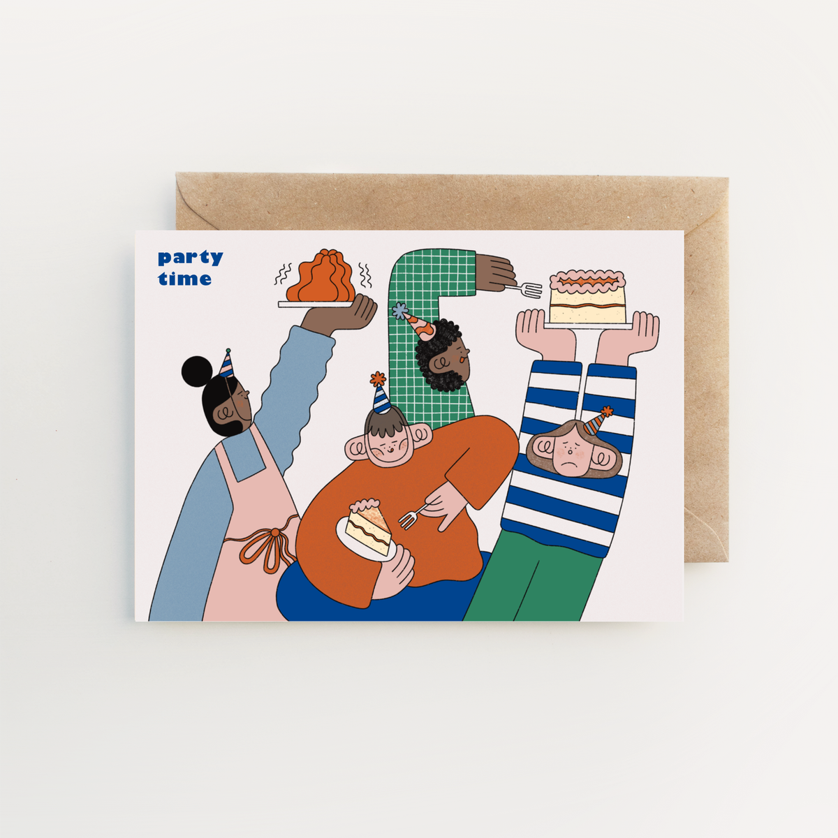 Party Time Birthday Card featuring illustrated friends eating jelly and cake