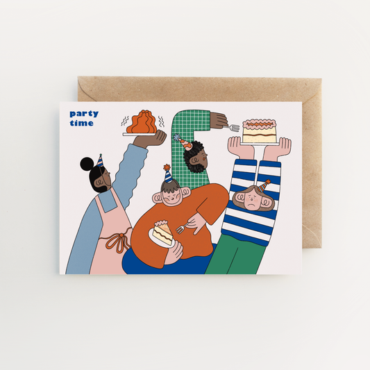 Party Time Birthday Card featuring illustrated friends eating jelly and cake