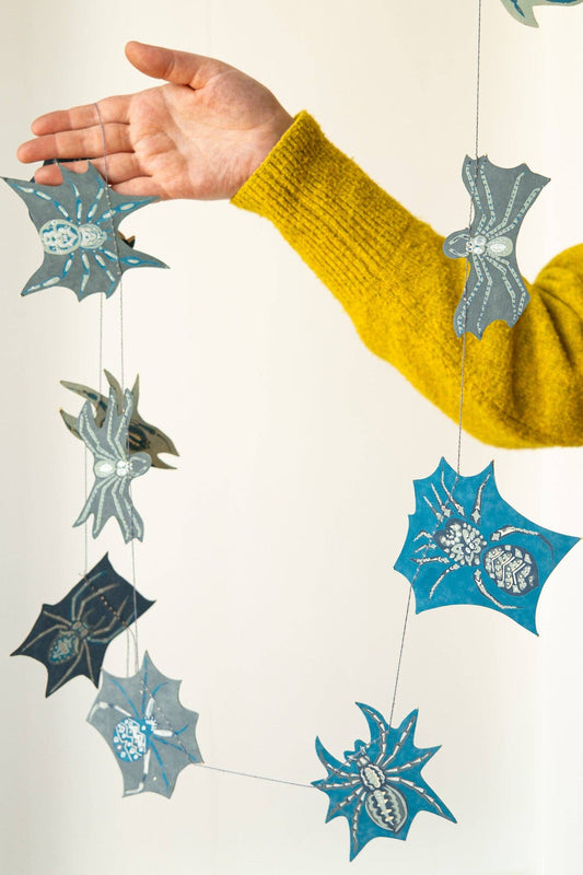Hand-sewn recycled Halloween garland with 20 spooky screen-printed spiders
