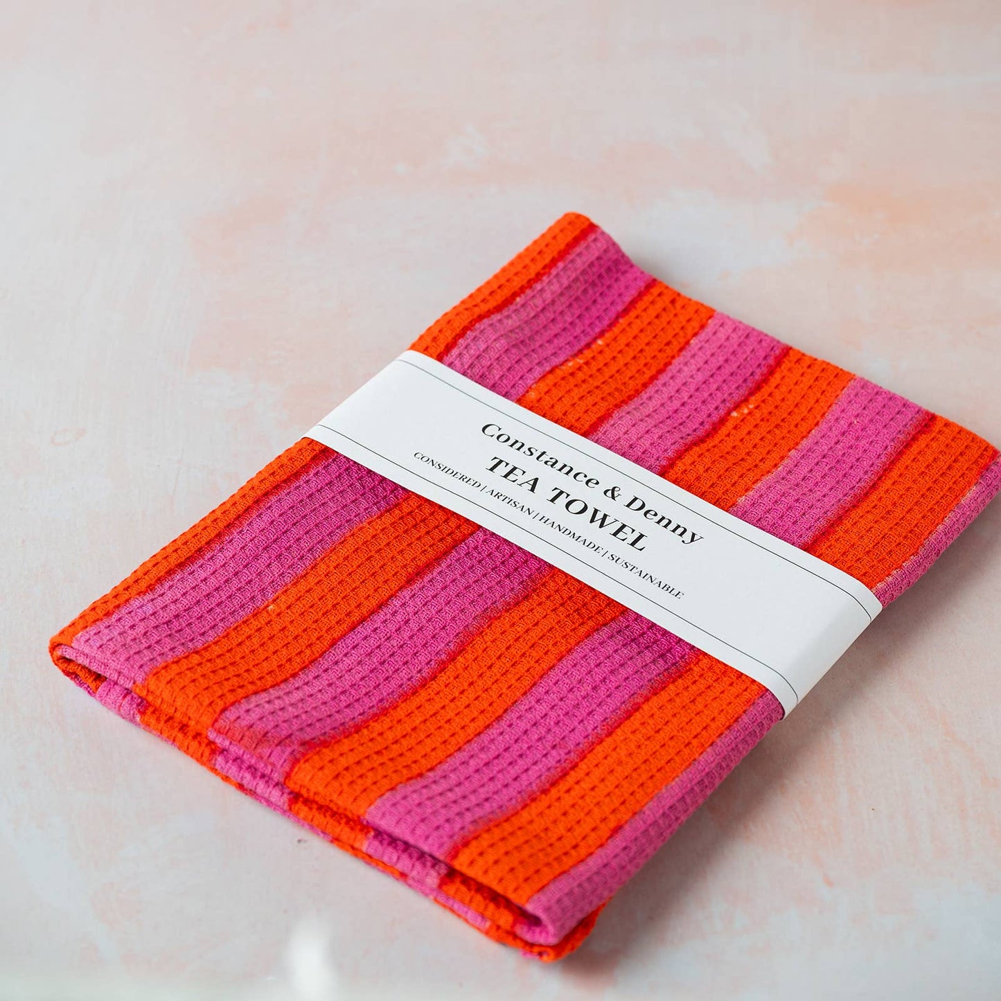 Terracotta wide stripe hand-block printed waffle cotton tea towel