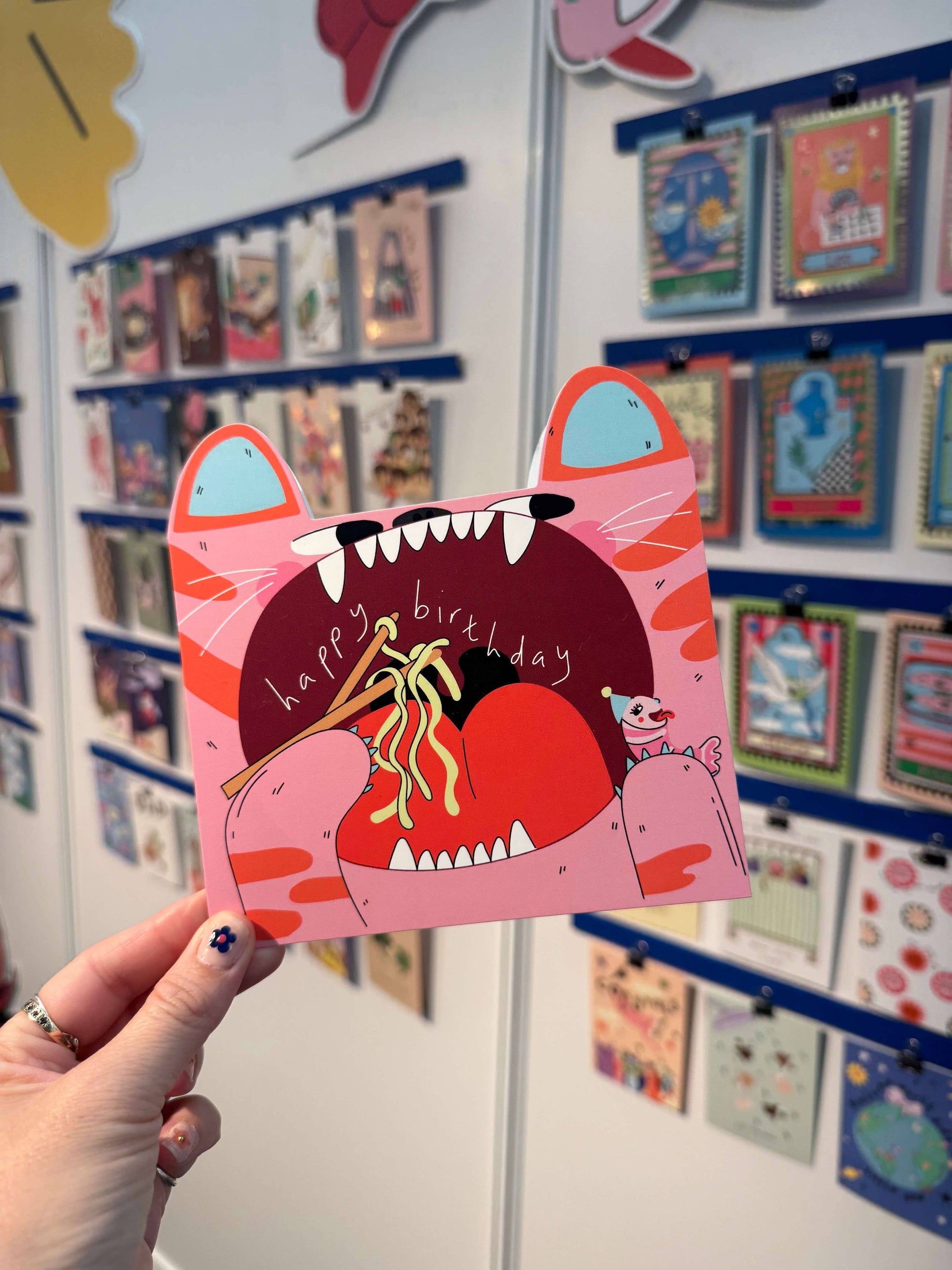 Eat the Moon Tiger Eats Noodles Die Cut Kids Greeting Card front with cheeky tiger design
