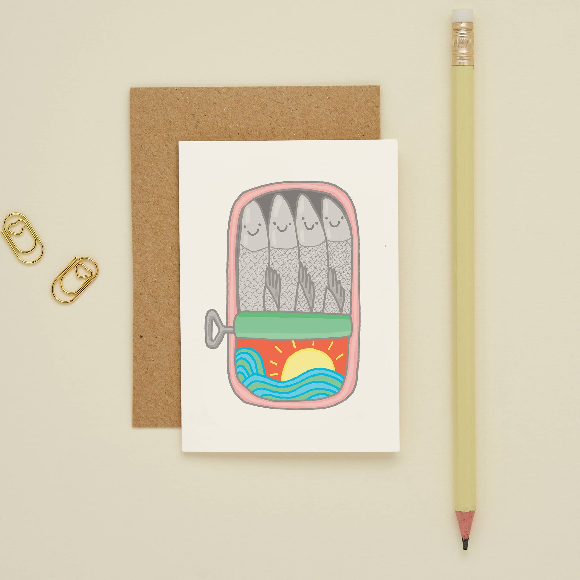 Designed to make a splash, this playful mini card features a hand-drawn sardine tin illustration packed with personality and summer vibes.
