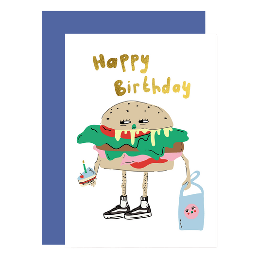 Burger dude birthday card with gold foil finish and kraft envelope