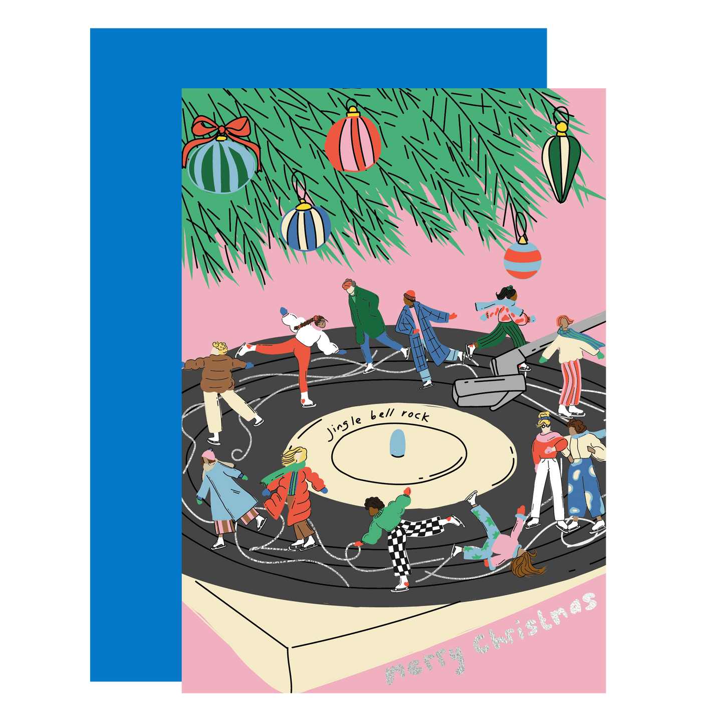 Jingle Bell Rock Christmas card with ice-skating scene and gold foil accents, printed on sustainably sourced UK paper.