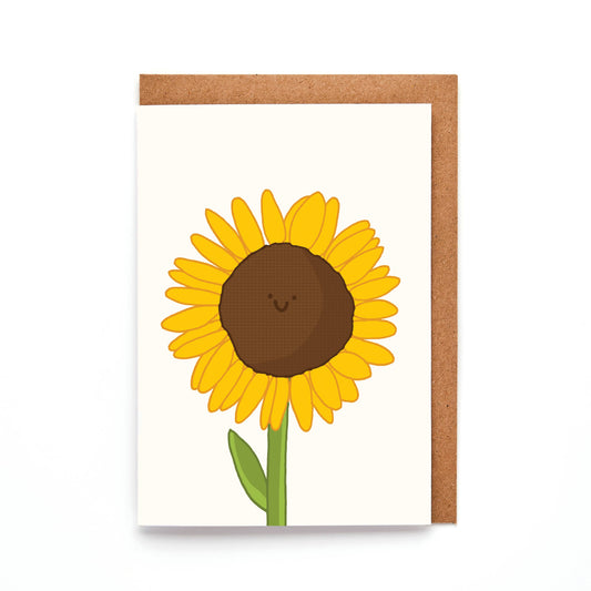 Hand-drawn sunflower mini greeting card—bright, smiling floral design, A7 size, sustainable UK card with a recycled Kraft envelope.