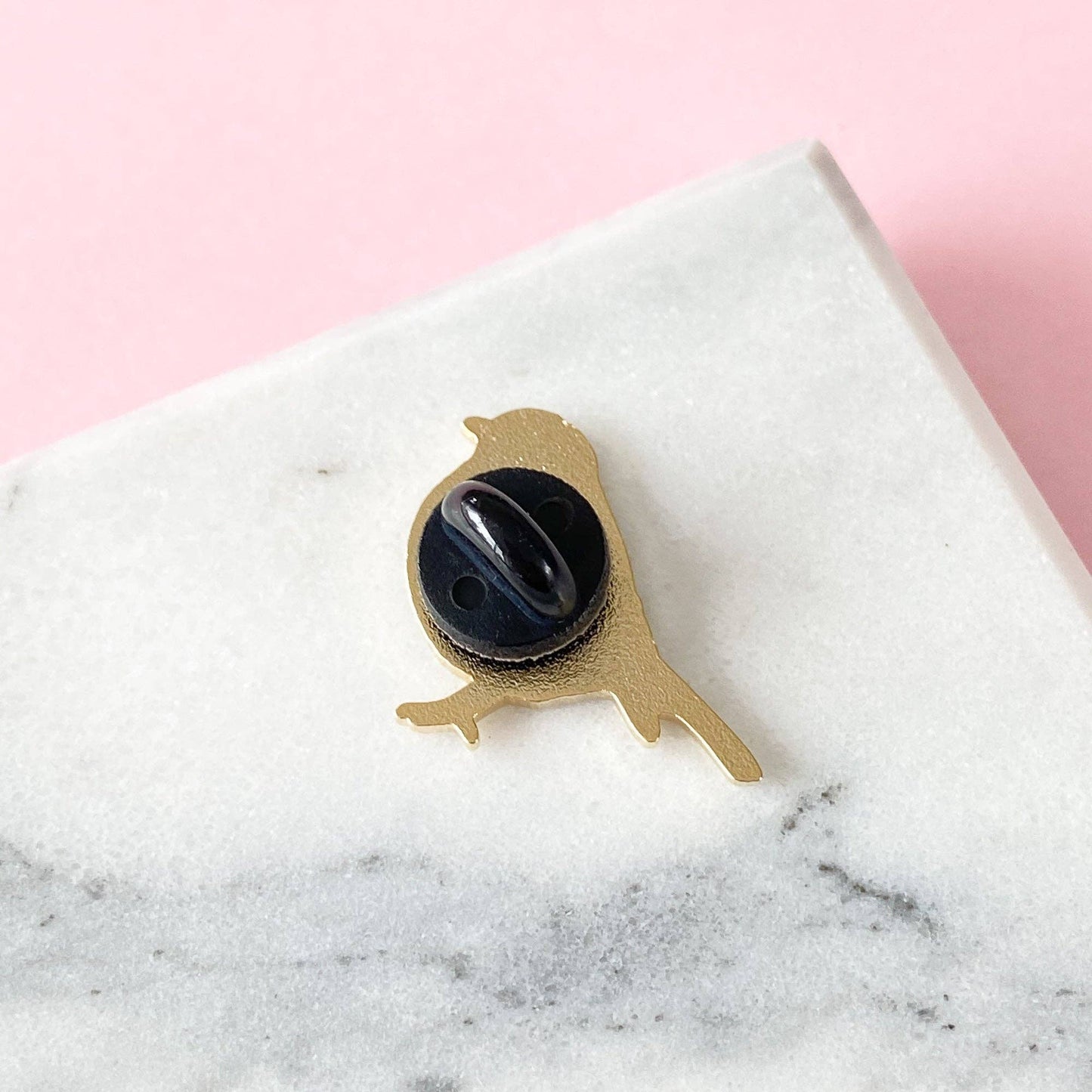 Robin enamel pin, gold metal and hard enamel, 1 inch wide, designed by Sarah Frances