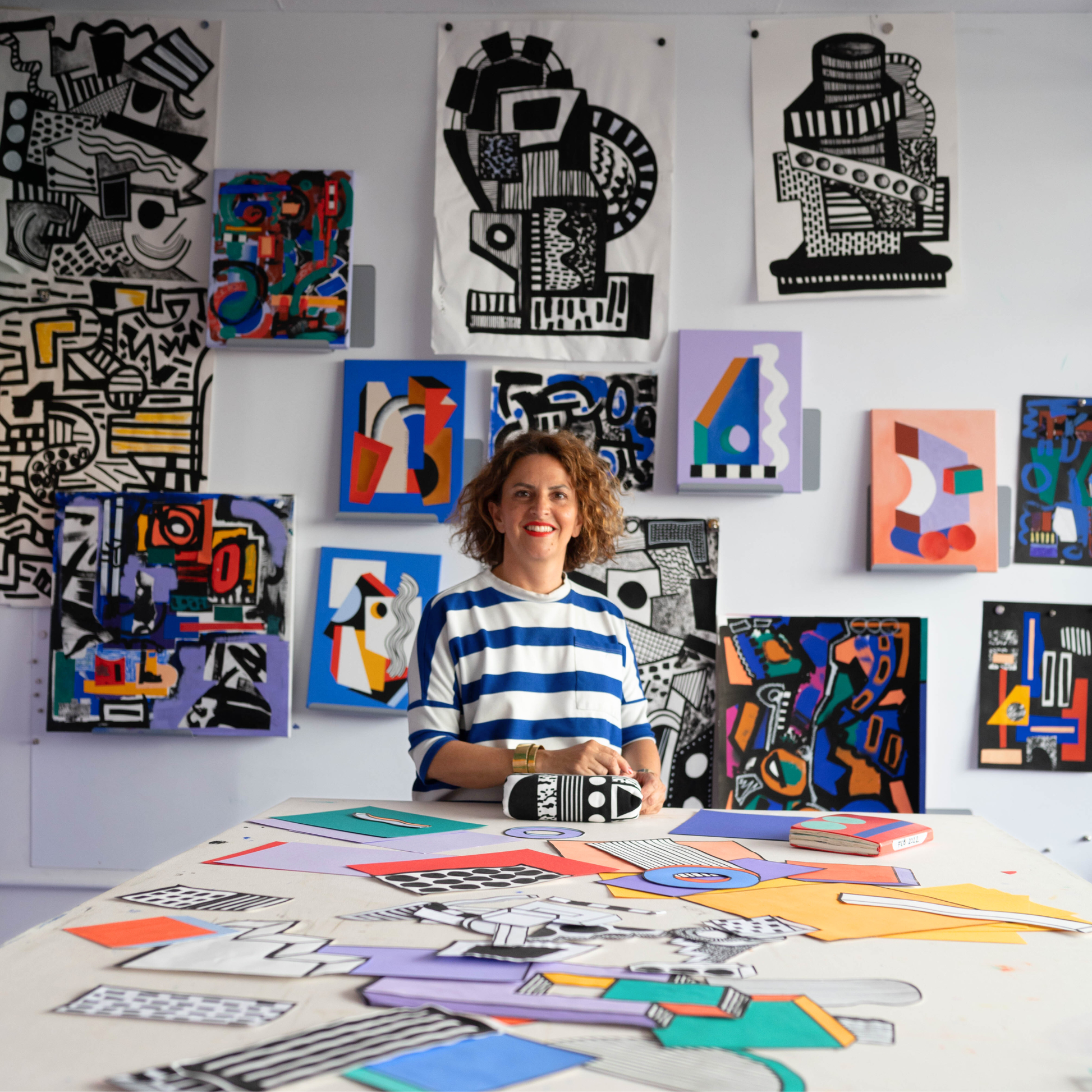 Pair of large sensory muslin squares featuring bold high-contrast designs by Camille Walala for Etta Loves, made from 100% organic cotton, suitable from 0–12 months.