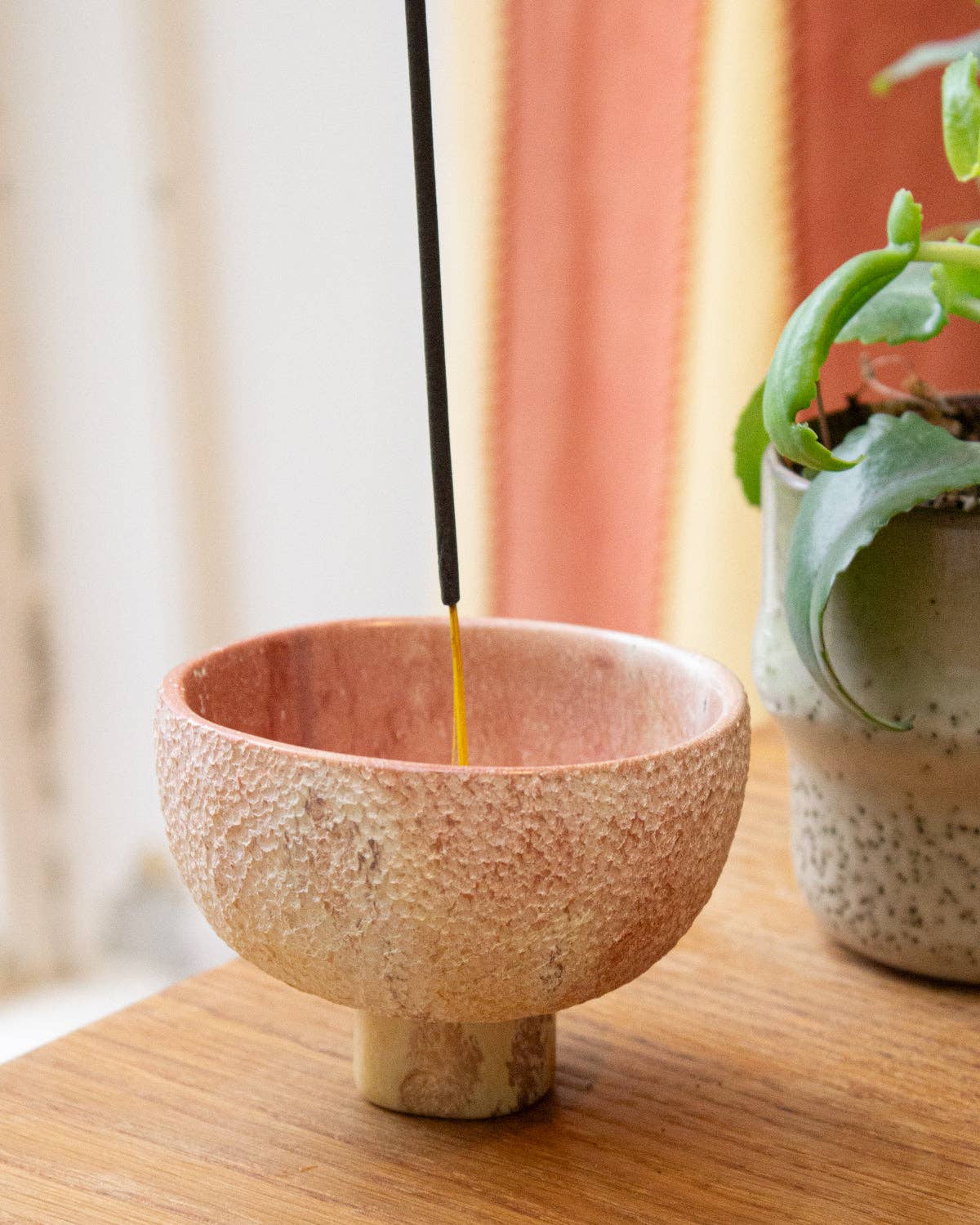 Handmade pink marbled soapstone incense holder bowl with pedestal base