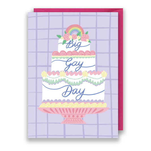 Hand drawn lettering reads 'Big gay day'. Illustrated greeting card with retro cake design printed onto glossy card with a fuchsia pink envelope.