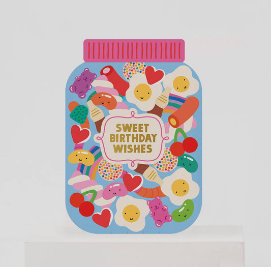 Sugar Rush Sweet Jar Kids Birthday Card with colourful candy illustration