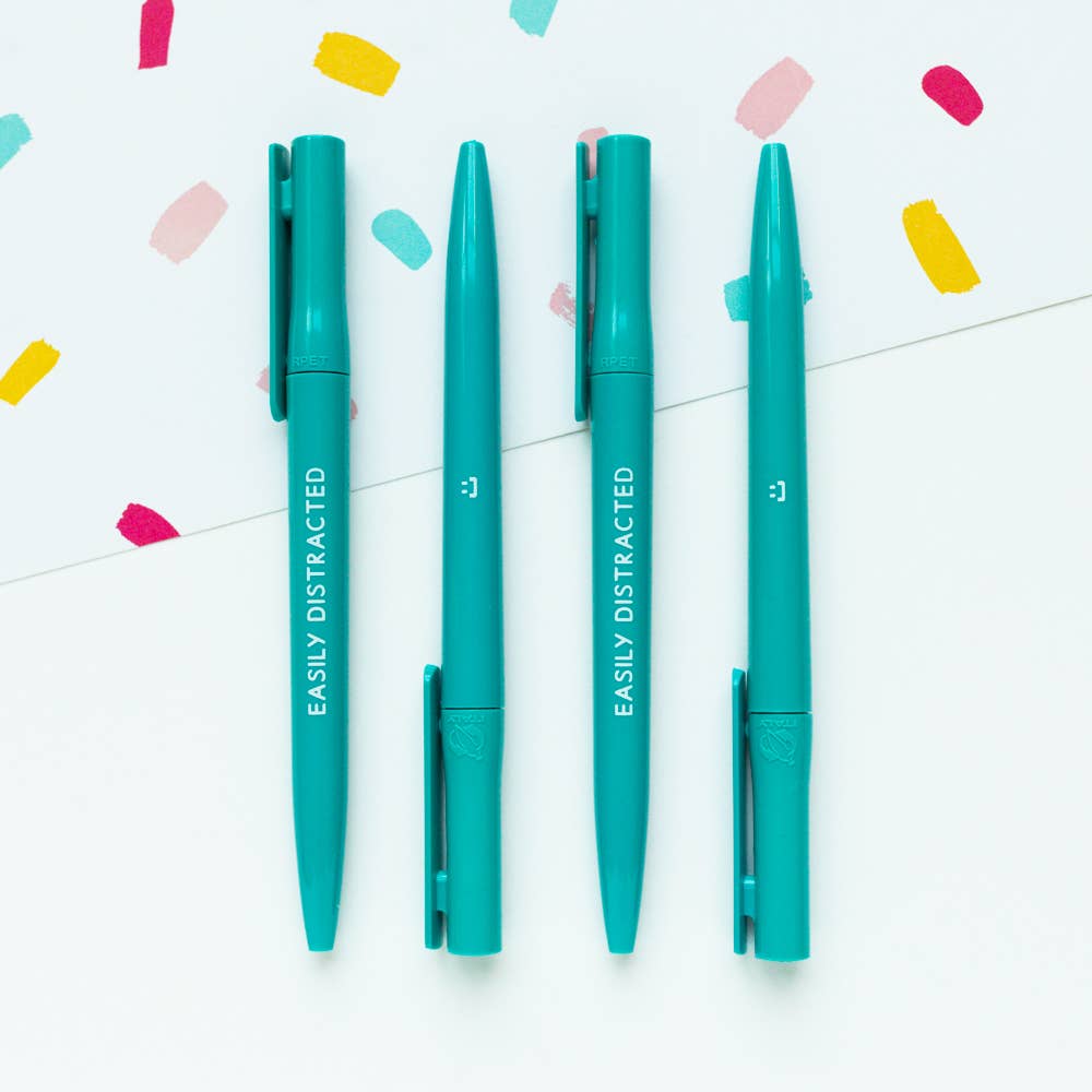 Turquoise eco ballpoint pen with 'Easily Distracted' text, made from recycled plastic bottles, featuring a twist-top and clip.