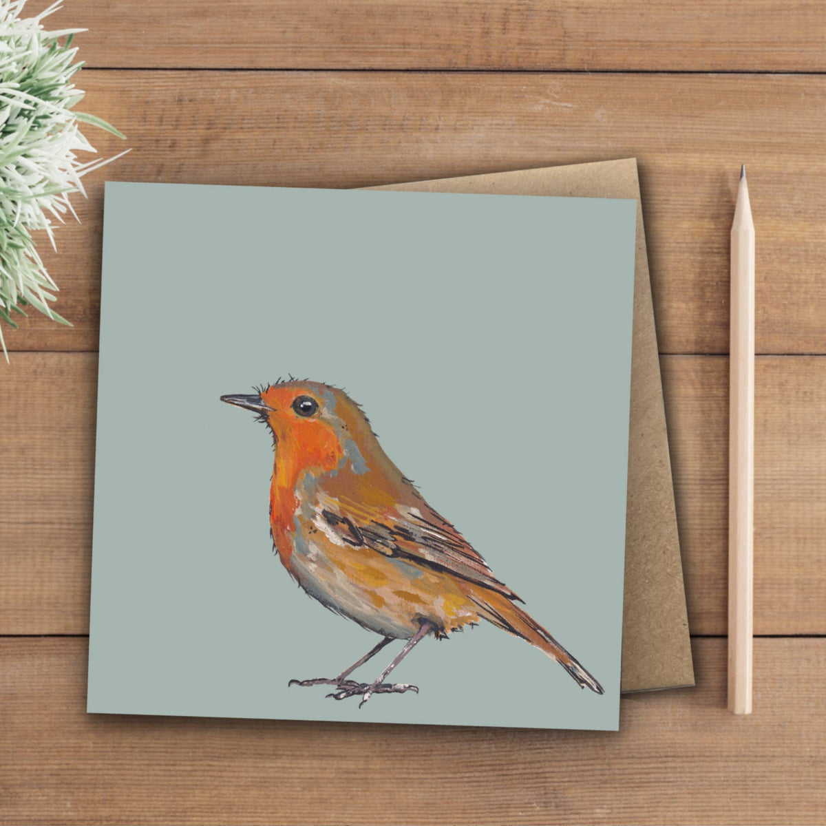Sustainably sourced recycled robin card with recycled Kraft envelope