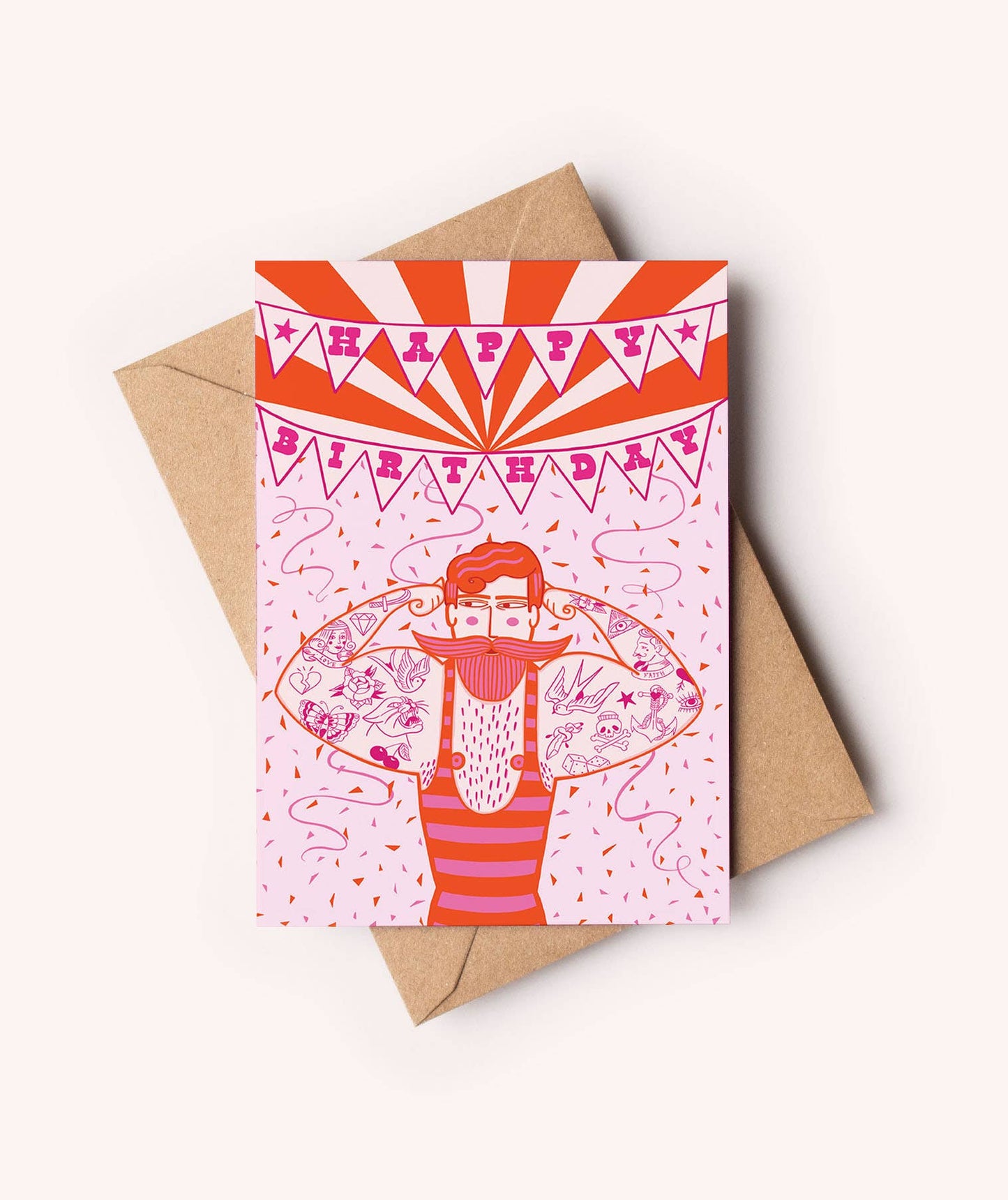 Circus Birthday Card A6 with tattooed strongman illustration by Su Owen printed on certified Perlino Cotton textured board, UK made