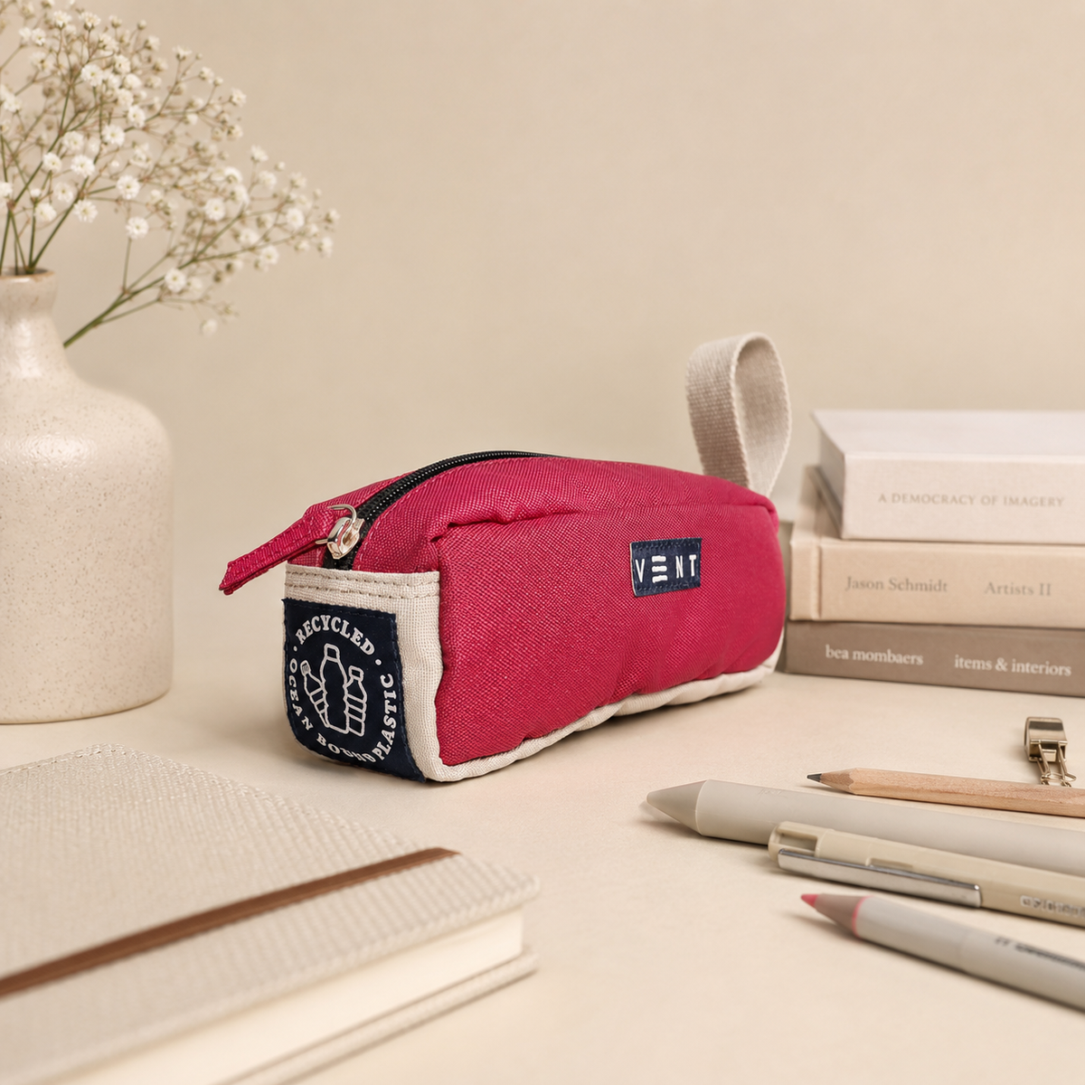 Raspberry pink pencil case made from recycled ocean bound plastic