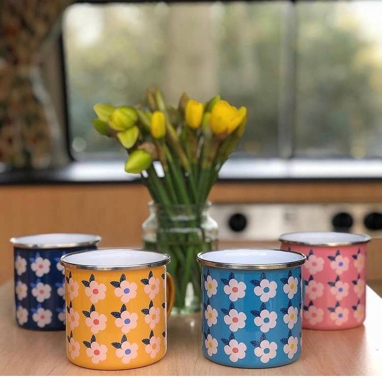 Retro floral enamel mug lifestyle shot