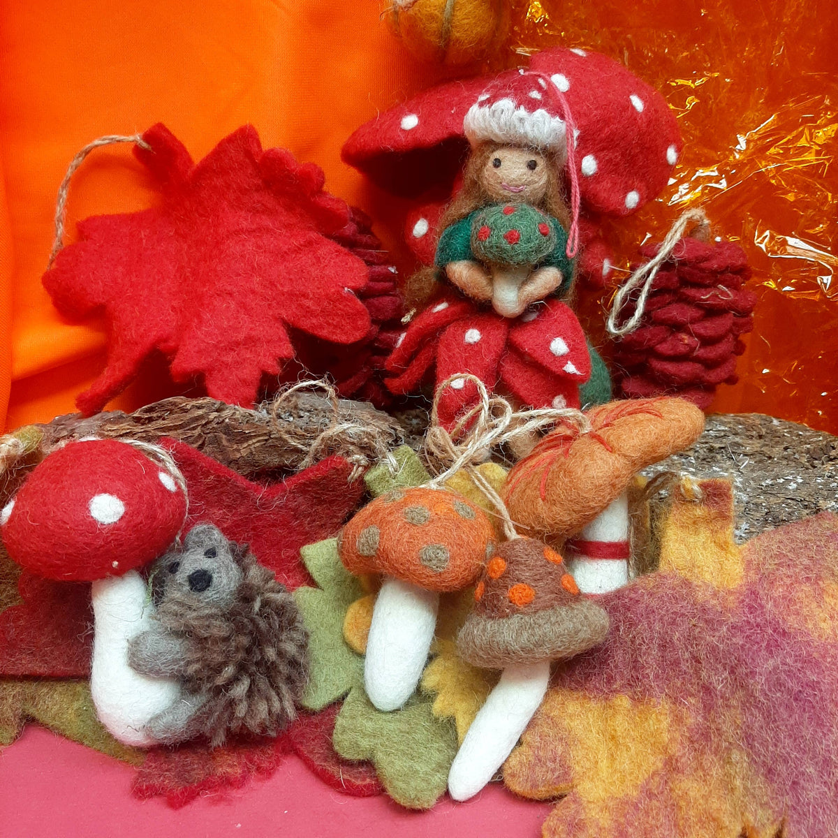 Sustainable autumn woodland display with felt mushrooms