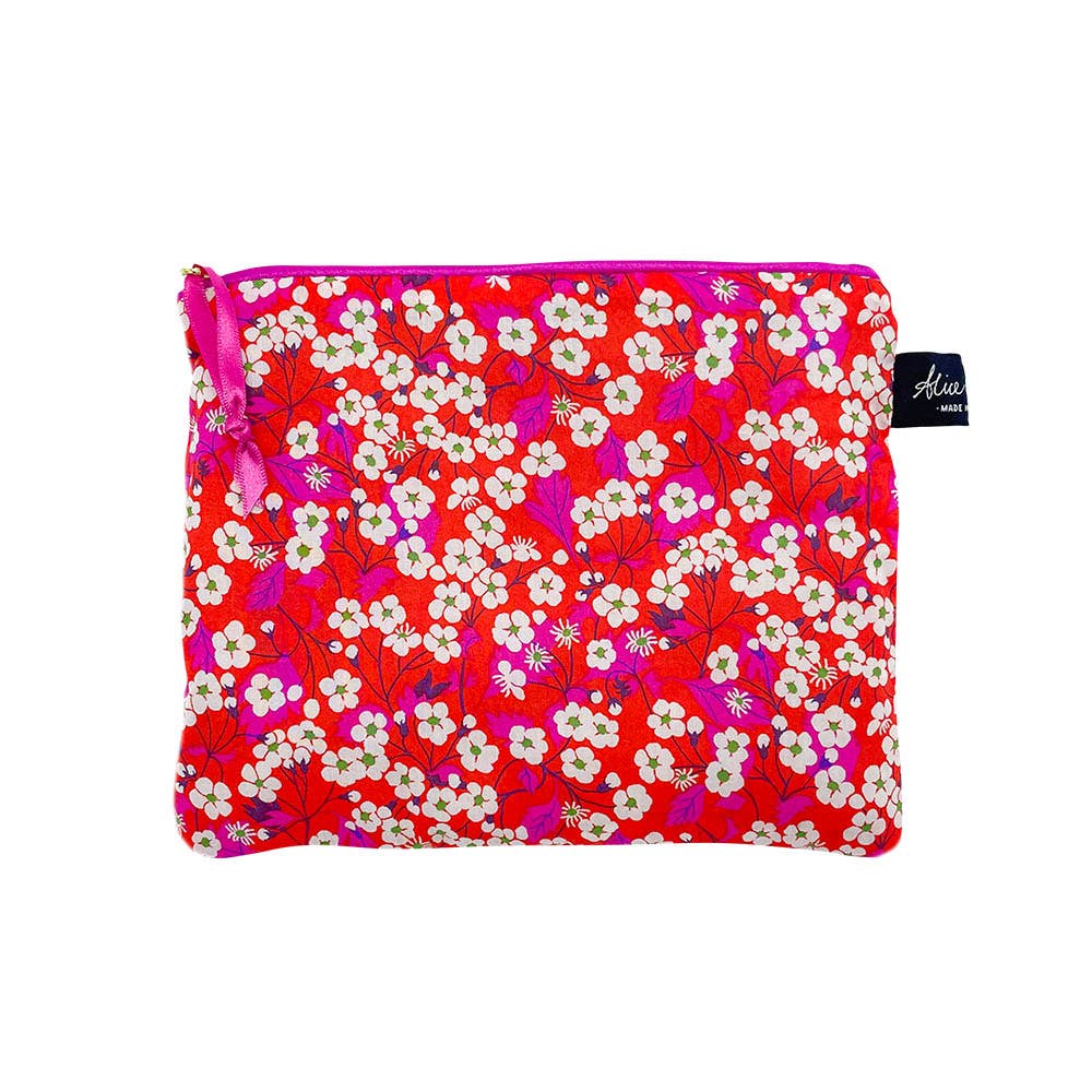 Liberty Travel Pouch padded with Mitsi Chilli Tana Lawn cotton fabric by Alice Caroline with fuchsia satin ribbon zip
