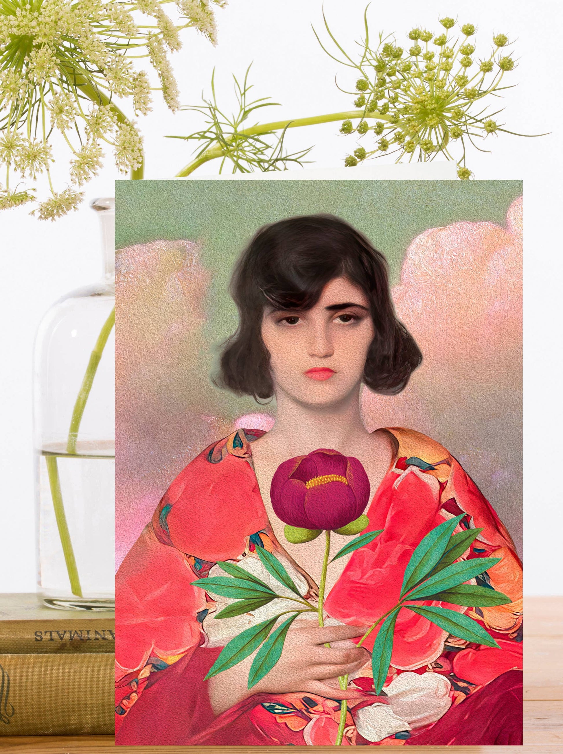Whimsical 1930s lady greeting card by Madame Treacle, featuring a vintage illustration of a lady holding a flower, printed on sustainably sourced card