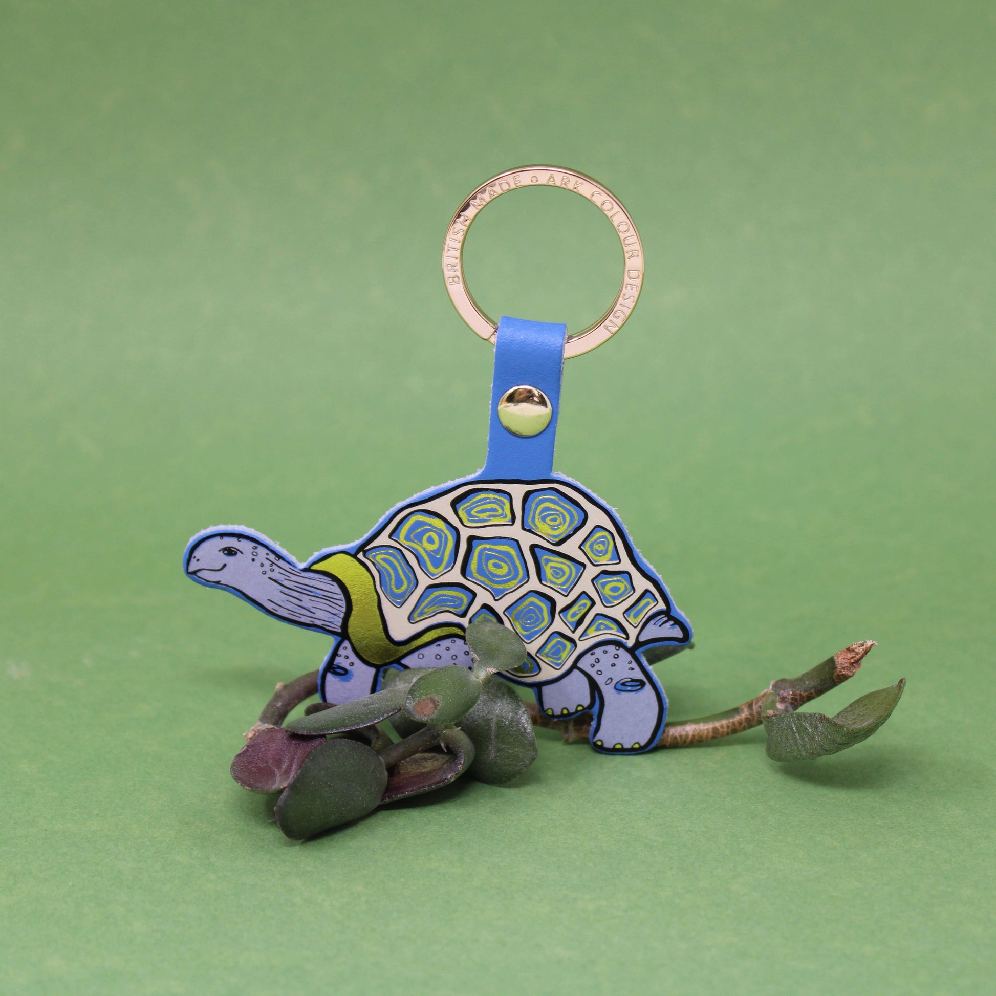 Sustainably sourced genuine leather Easy Going Tortoise key fob by Ark Colour Design with gold plated ring