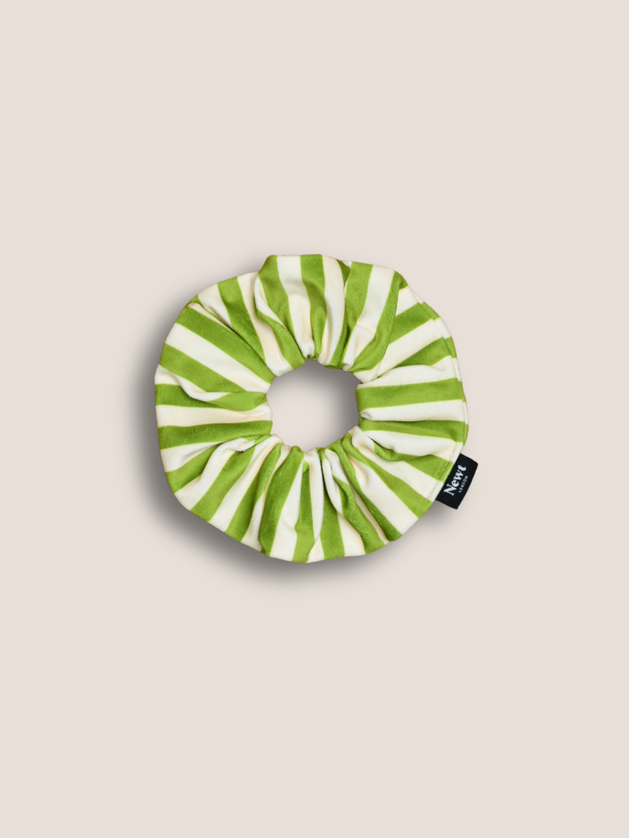 Icon Green and White Stripe Velvet Scrunchie made from recycled plastic bottles